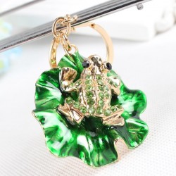 Frog & green lotus leaf - crystal keychainKeyrings