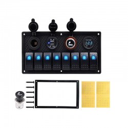 8-gang rocker switch panel - 12 - 24V - USB - LED - cigarette lighter socket - étanche