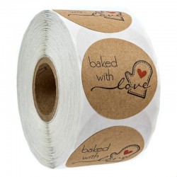 BAKED WITH LOVE - round natural kraft stickers - 100 - 500 pièces