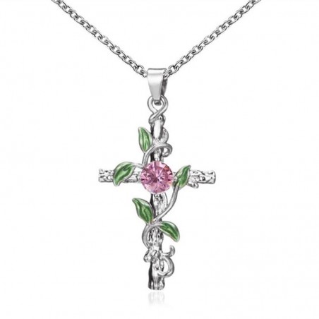 Pendant with cross & leaves & rose - stainless steel necklaceNecklaces