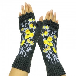 Gants tricotés à la main - long - demi doigt - fleurs de broderie