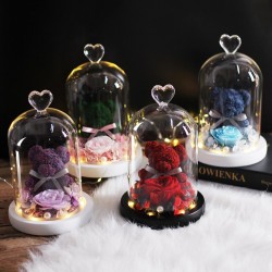 Eternal preserved rose with teddy bear in glass - LEDValentine's day