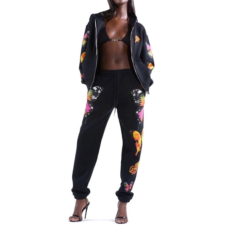 Fashionable tracksuit with printed butterflies - hoodie / pants - setHoodies & Jumpers