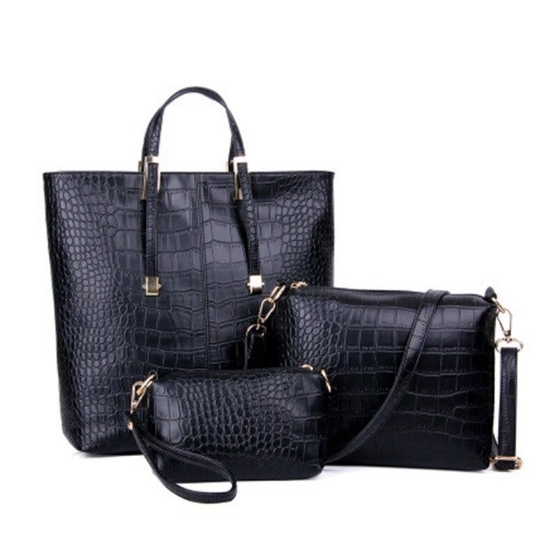 Leather bag - crossbody - small clutch - crocodile skin design - 3 pieces setSets