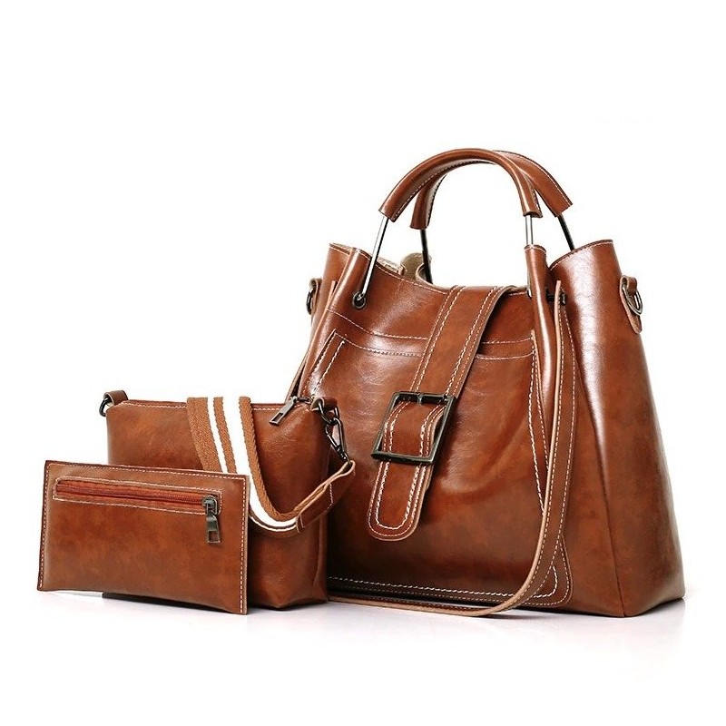 Ladies leather handbag set - with messenger bag and purse - 3pcs/set