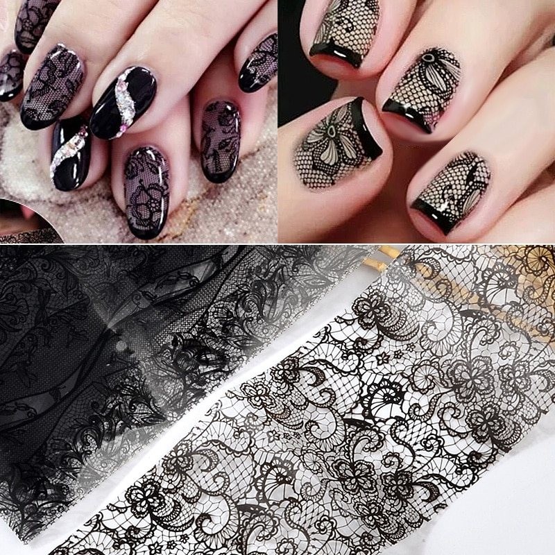 Adesivi per nail art - fiore bianco e nero e pizzo - 10-50 pezzi