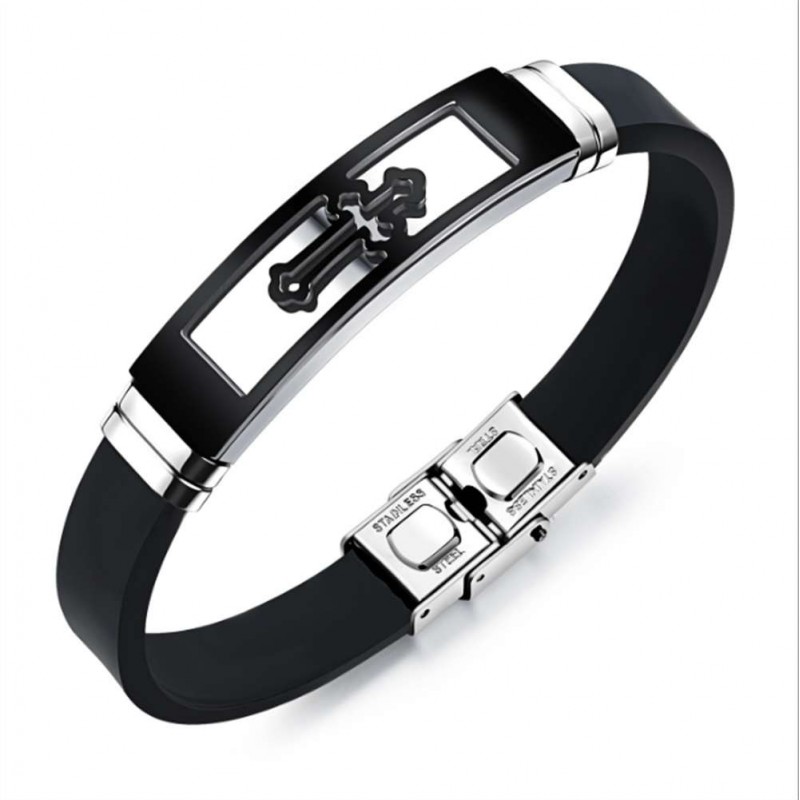 Bracciale in silicone con croce scavata - acciaio inossidabile - elettrolitico - regolabile