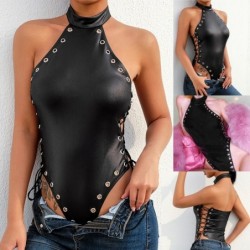 Sexy leather halter top - backless - zig zag lace