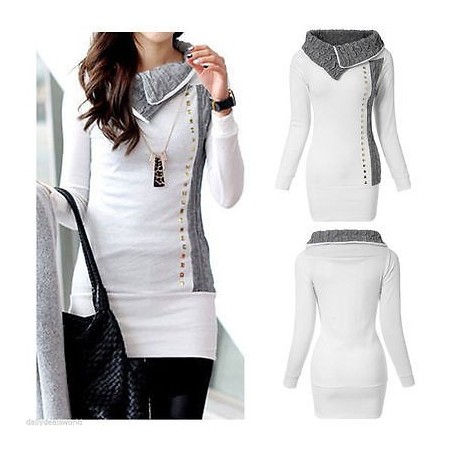 White long sweater - high collar - long sleeve - with metal decorationsHoodies & Jumpers