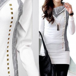 White long sweater - high collar - long sleeve - with metal decorationsHoodies & Jumpers