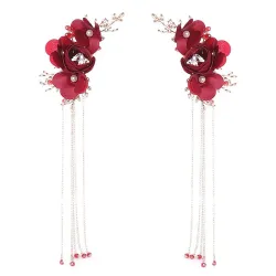 Red rose flower - crystal hair clip - with long tasselsHair clips