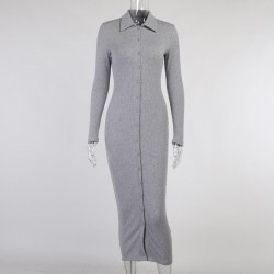 Fashionable button up dress - ankle length - long sleeve - v-neck