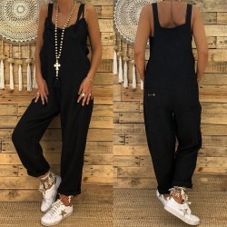 2021 Women Casual Jumpsuits Vintage Linen Solid Rompers Lace Up Strappy Loose Wide Leg Dungarees Bib Overalls Female Playsuits