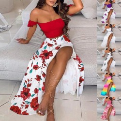 Sexy women's set - long skirt / off shoulder top - floral print