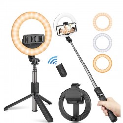 Asta selfie 4 in 1 - Luce anulare a LED - Senza fili - Bluetooth - Mini treppiede portatile - Con telecomando