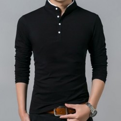 Elegant t-shirt - long sleeve - mandarin collar with buttons - cotton