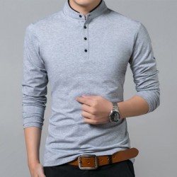 Elegant t-shirt - long sleeve - mandarin collar with buttons - cotton