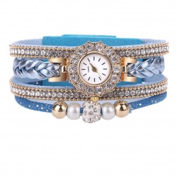 Multilayer bracelet with a round watch - crystals / beads