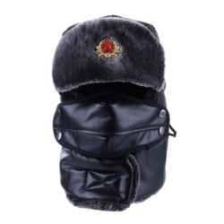 Bomber Hat Russian Ushanka PU Leather Winter Trapper Soviet Badge Army Aviator Trooper Neck Cover Earflap