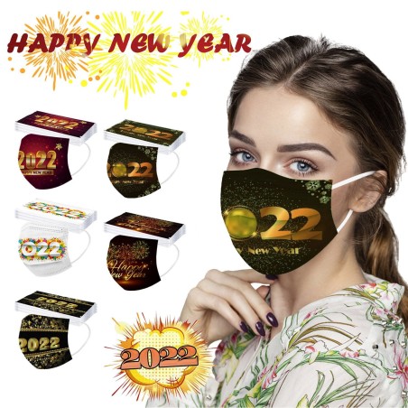 Happy New Year 2022 - mascherine protettive viso/bocca - usa e getta - 3 veli - 50 pezzi
