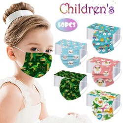 Masques protecteurs pour le visage / la bouche - jetables - 3 épaisseurs - pour enfants - imprimé dinosaure - 50 pièces
