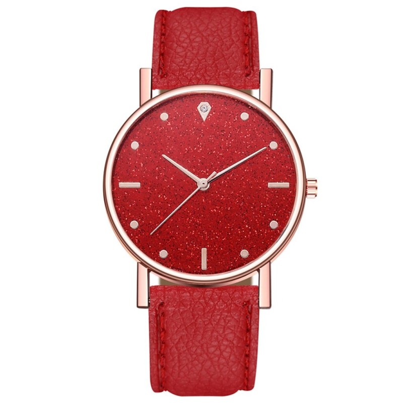 Luxurious women's quartz watch - leather strap - with rhinestones