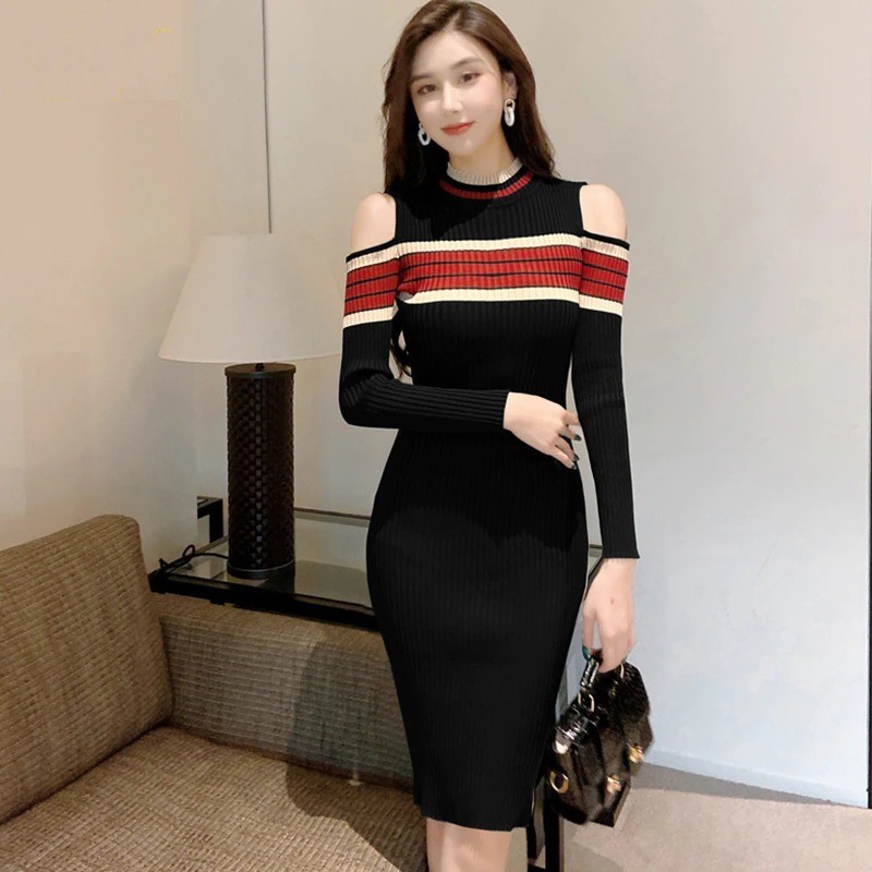 Striped pencil dress - strapless - with side slit / buttonsDresses