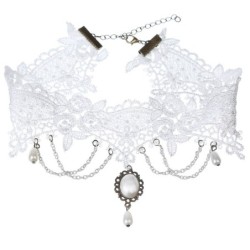 Collier court en dentelle blanche à la mode - avec chaînes / perles - Style gothique
