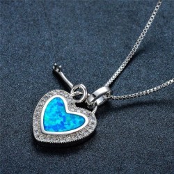 Heart shaped pendant with blue opal / crystals / key - with chainNecklaces