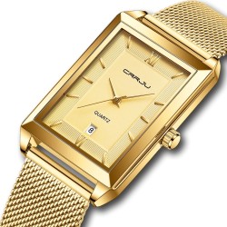 CRRJU - luxury square golden watch - Quartz - stainless steel mesh bracelet - waterproofWatches