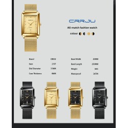 CRRJU - orologio quadrato dorato di lusso - Quarzo - bracciale a maglie in acciaio inossidabile - impermeabile