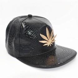 Baseball cap - leather snapback - with metal leaf - hip hop styleHats & Caps