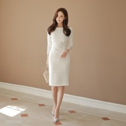 Warm elegant dress - with lace sleeves - whiteDresses