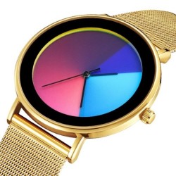 Montre à quartz créative - cadran coloré - étanche - acier inoxydable / bracelet en cuir - unisexe