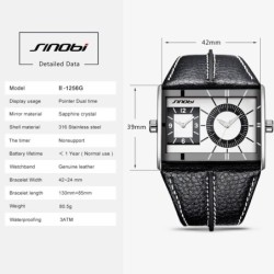 SINOBI - orologio al quarzo da uomo alla moda - doppio fuso orario multiplo - cinturino in pelle