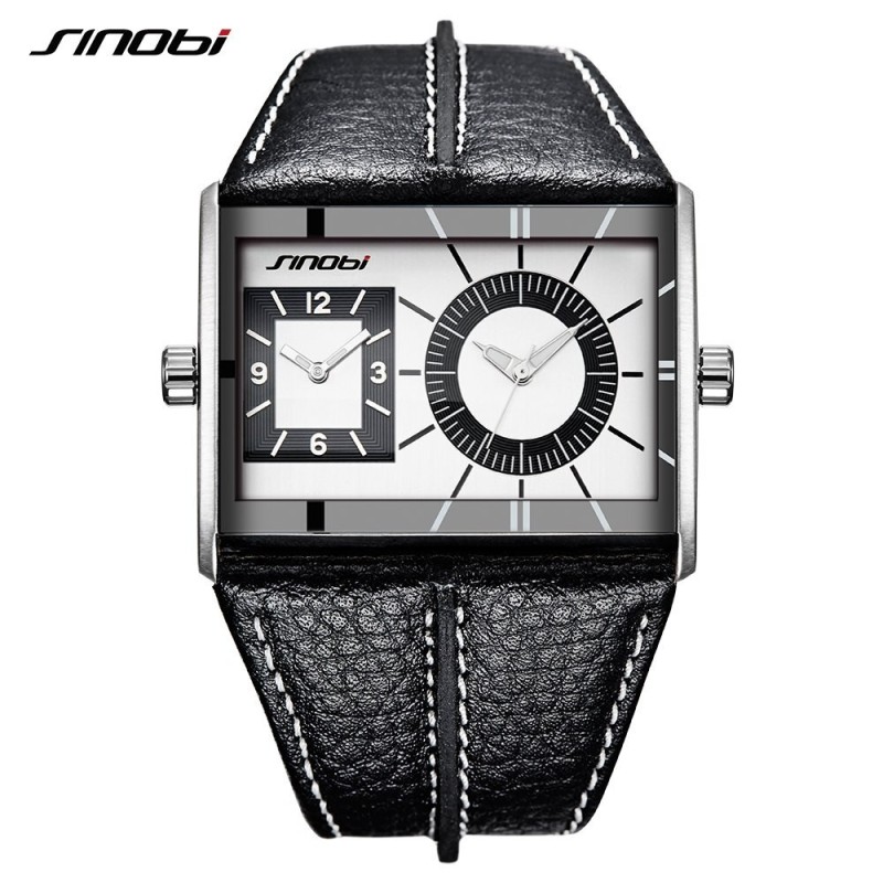 SINOBI - orologio al quarzo da uomo alla moda - doppio fuso orario multiplo - cinturino in pelle