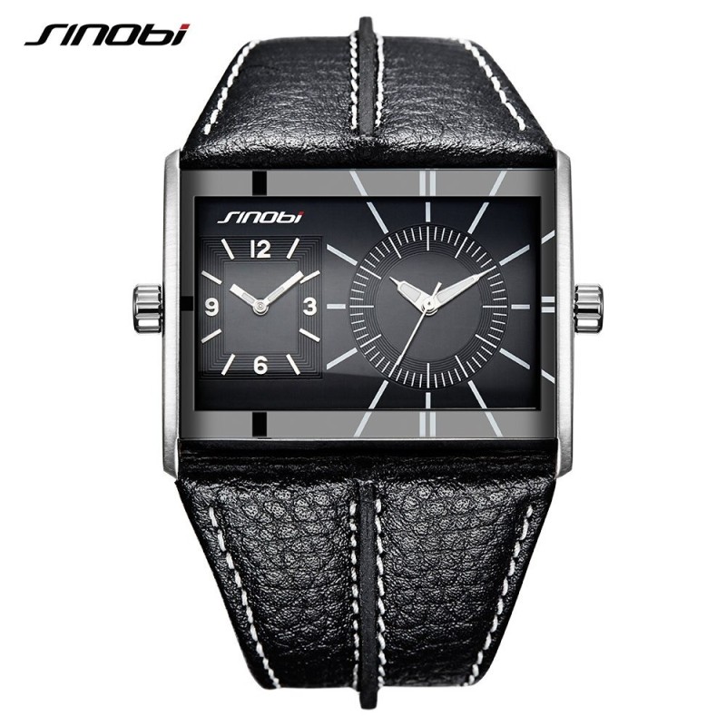 SINOBI - orologio al quarzo da uomo alla moda - doppio fuso orario multiplo - cinturino in pelle