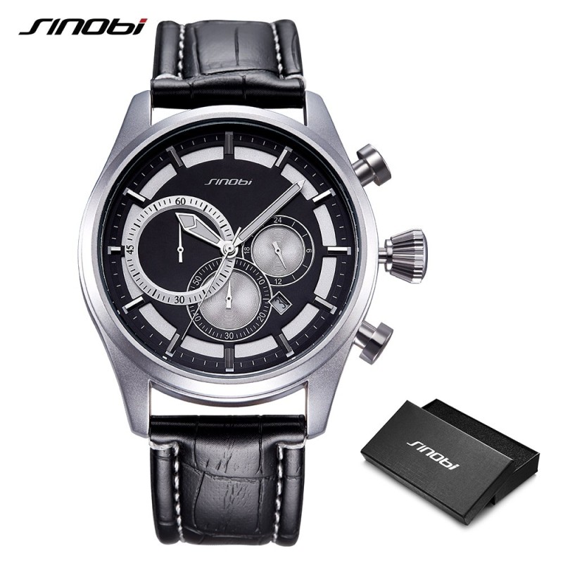 SINOBI - élégante montre à quartz multifonction - chronographe - bracelet en cuir