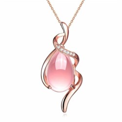 Elegante collana in oro rosa - pendente a forma di goccia d'acqua - opale rosa - cristalli