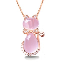 Elegante collana in oro rosa - ciondolo a forma di gatto - cristalli - opale rosa