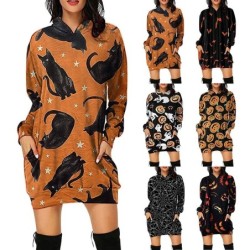 Mini abito con cappuccio - pullover ampio - con tasche - stampa Halloween - zucca - gatti - ragnatela