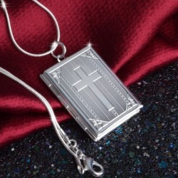 Médaillon de forme carrée - porte-photo - croix sculptée - collier - argent sterling 925