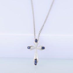 Elegante collana - croce di cristallo blu - argento sterling 925