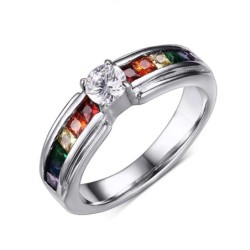 Bague tendance - zircone arc-en-ciel colorée - unisexe - acier inoxydable