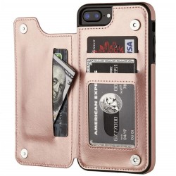 Portacarte retrò - cover per telefono - flip cover in pelle - mini portafoglio - per iPhone - oro rosa