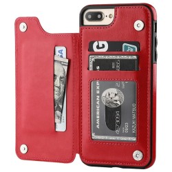Portacarte retrò - cover per telefono - flip cover in pelle - mini portafoglio - per iPhone - rosso