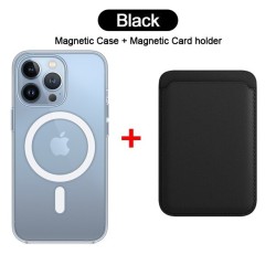 Chargement sans fil Magsafe - étui magnétique transparent - porte-cartes magnétique en cuir - pour iPhone - noir