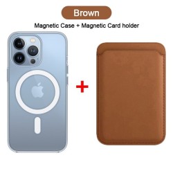Chargement sans fil Magsafe - étui magnétique transparent - porte-cartes magnétique en cuir - pour iPhone - marron