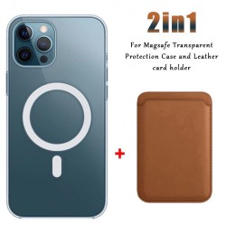 Ricarica wireless Magsafe - custodia magnetica trasparente - portacarte magnetico in pelle - per iPhone - marrone