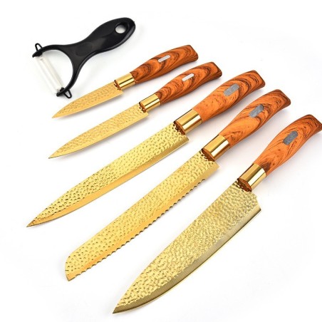 Couteaux de cuisine professionnels plaqué or - éplucheur - acier inoxydable - manche en bois - coffret de 6 pièces